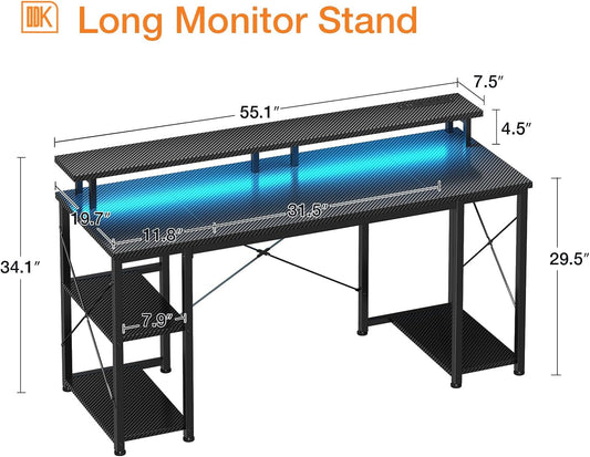 48 Inch Computer Desk with Power Outlets & LED Lights, Gaming Desk