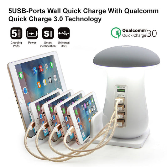 Mushroom Lamp | USB Charging Dock with LED Glow + 4-Port Fast Charging