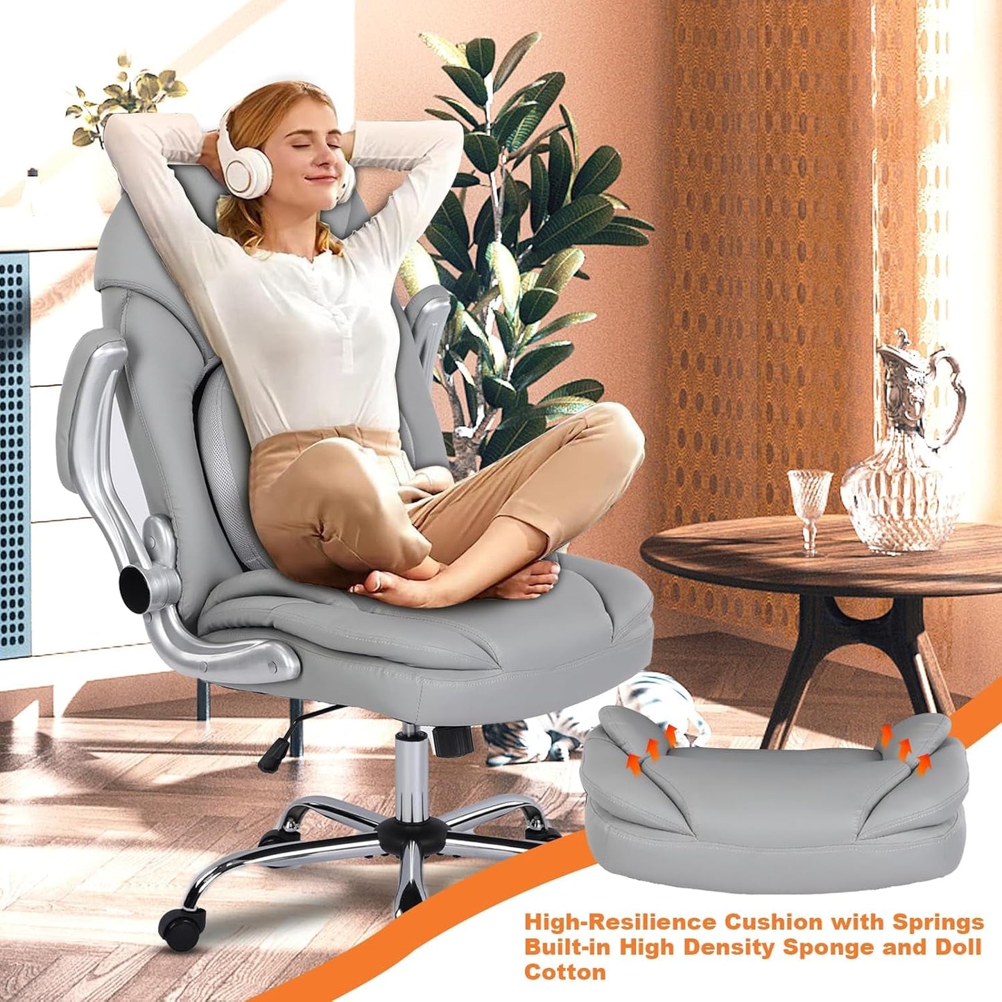 Ergonomic Executive Office Chair – PU Leather Seat with Lumbar Support & Flip-Up Arms
