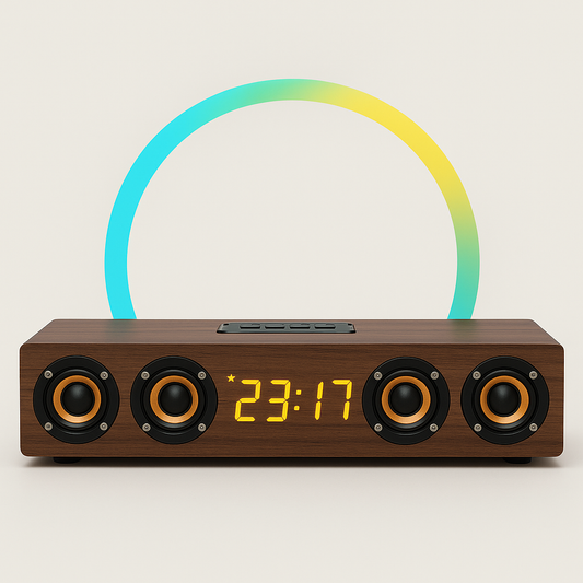 TimberTune™ Wooden Bluetooth Speaker Clock – Rechargeable with Subwoofer, Alarm, & RGB Light Options