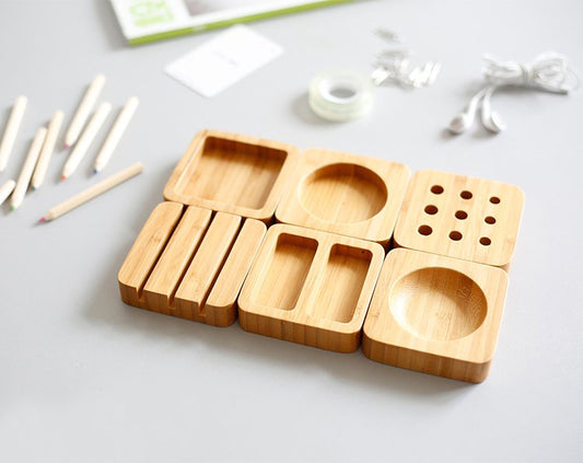 Bamboo Desktop Organizer – 6 Modular Blocks for Custom Desk Control