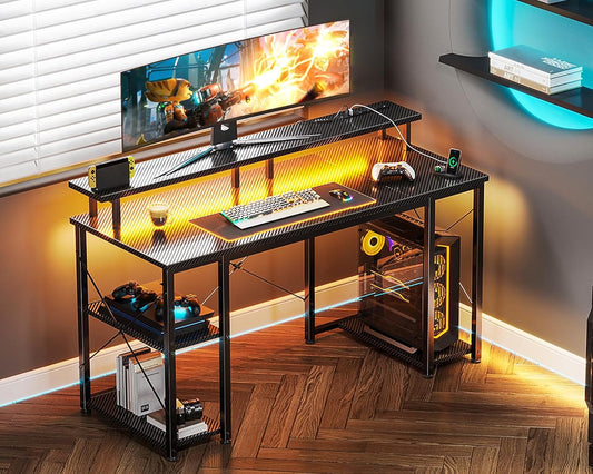 48 Inch Computer Desk with Power Outlets & LED Lights, Gaming Desk