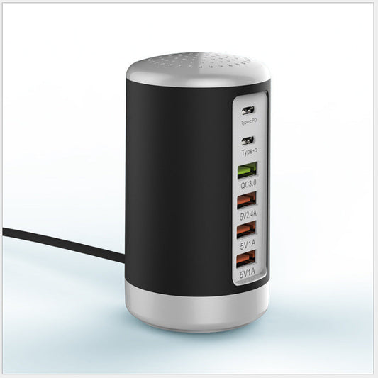 6-Port Cylindrical USB Charger – 65W Fast Charge Tower with QC3.0 & Type-C