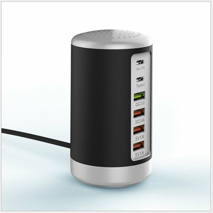 6-Port Cylindrical USB Charger – 65W Fast Charge Tower with QC3.0 & Type-C