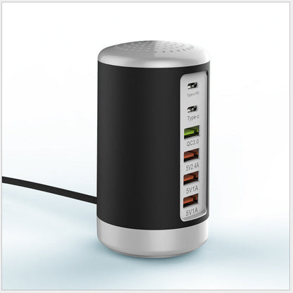 6-Port Cylindrical USB Charger – 65W Fast Charge Tower with QC3.0 & Type-C