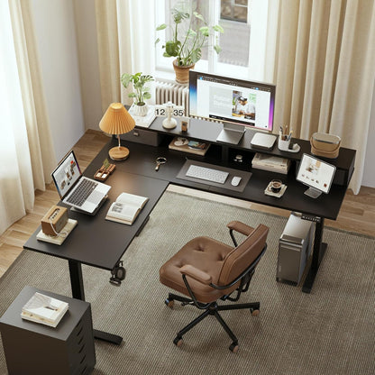 L-Shaped Electric Standing Desk | 63” Ergonomic Motorized Desk with Dual Drawers