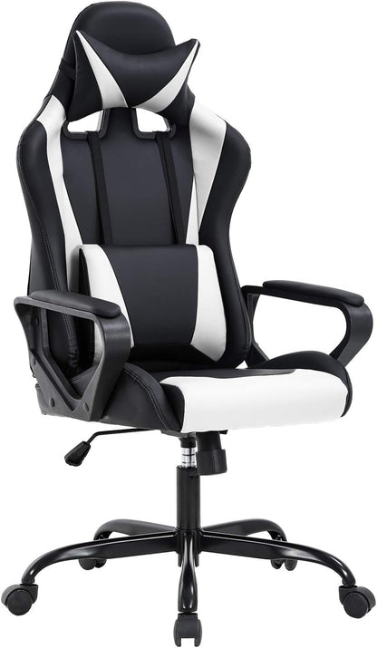 White & Black Ergonomic Gaming Chair – High-Back Recliner with Lumbar Support & Tilt Lock