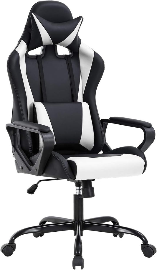 White & Black Ergonomic Gaming Chair – High-Back Recliner with Lumbar Support & Tilt Lock
