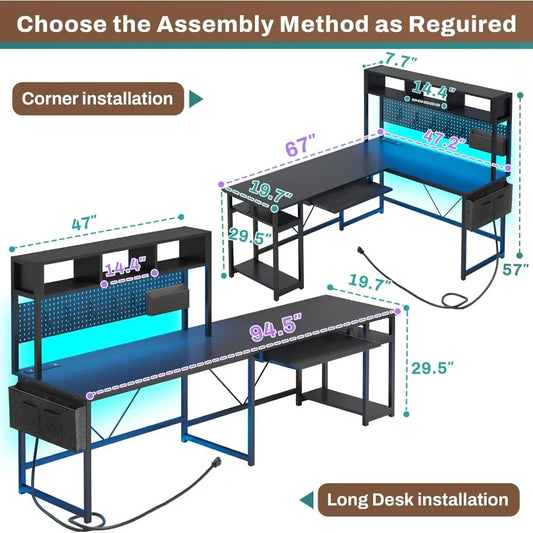 L-Shaped Gaming Desk with Power Outlets, Pegboard, and Reversible Layout (94.5” Work Surface)