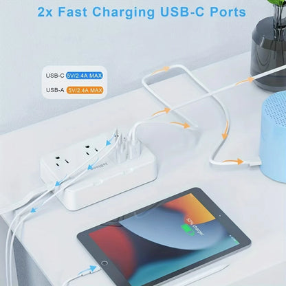 Ultra Slim Surge Protector with 6 Outlets + 4 USB Ports (2 USB-C) – 5ft Cord