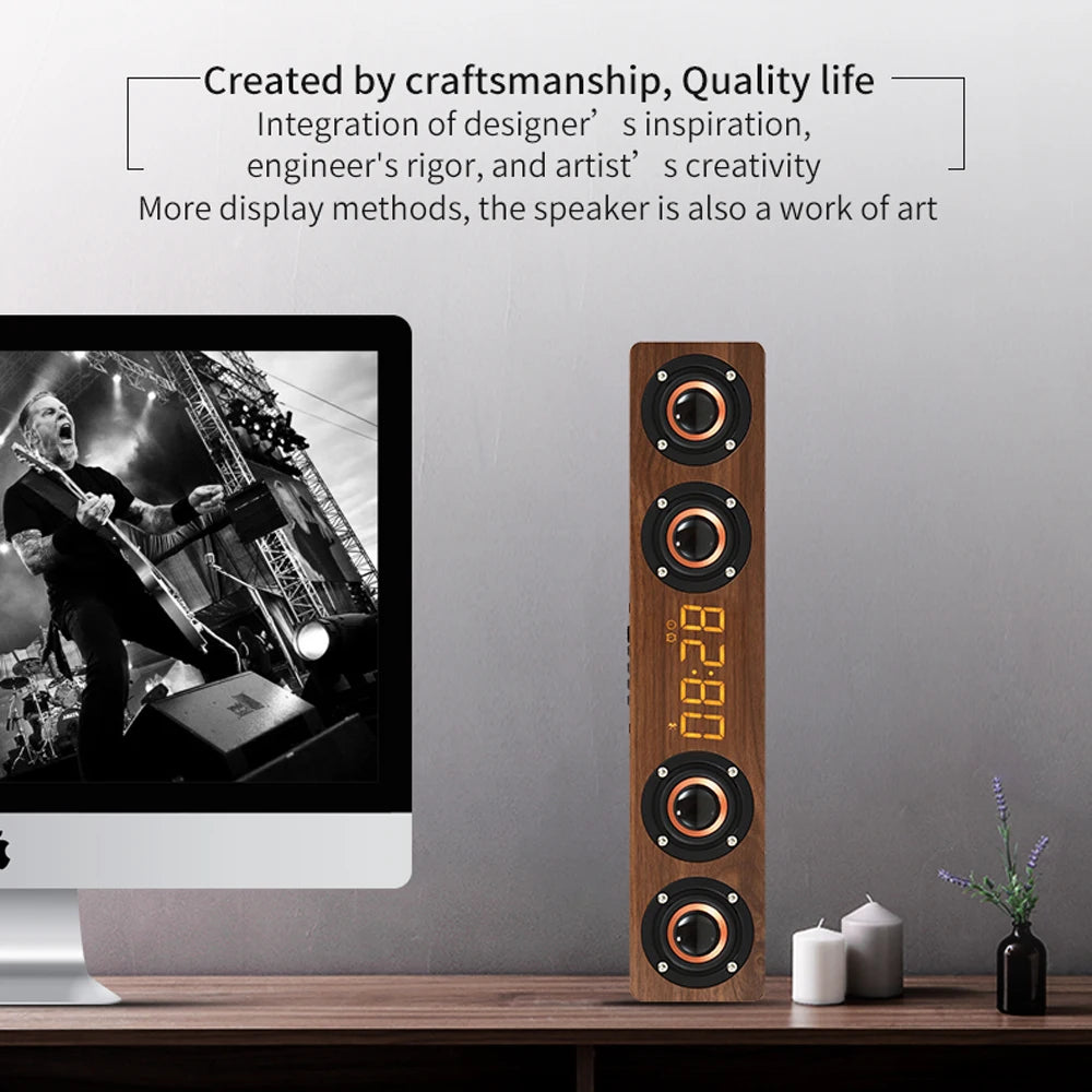 TimberTune™ Wooden Bluetooth Speaker Clock – Rechargeable with Subwoofer, Alarm, & RGB Light Options
