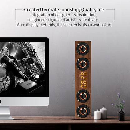 TimberTune™ Wooden Bluetooth Speaker Clock – Rechargeable with Subwoofer, Alarm, & RGB Light Options