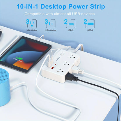 Ultra Slim Surge Protector with 6 Outlets + 4 USB Ports (2 USB-C) – 5ft Cord