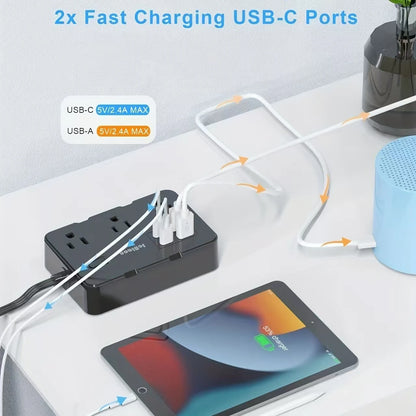 Ultra Thin Flat Plug Extension Cord with 4 USB Ports (2 USB-C), 6 Outlets – 5ft