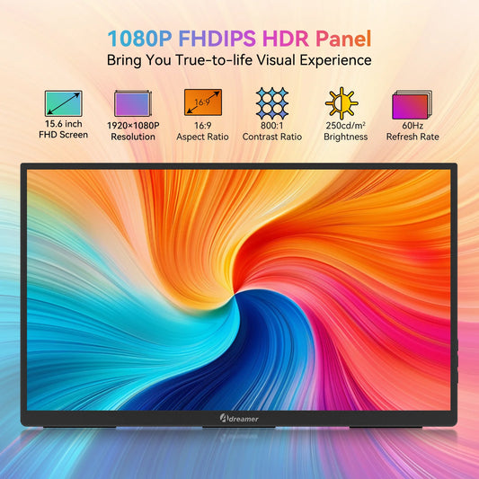 15.6” Portable Monitor – Full HD 1080P USB-C Display for Dual-Screen Productivity & Gaming