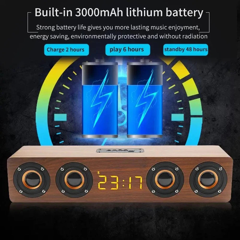 TimberTune™ Wooden Bluetooth Speaker Clock – Rechargeable with Subwoofer, Alarm, & RGB Light Options