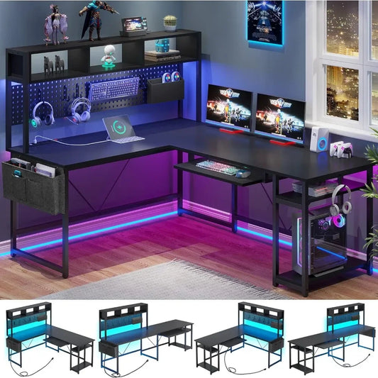 L-Shaped Gaming Desk with Power Outlets, Pegboard, and Reversible Layout (94.5” Work Surface)