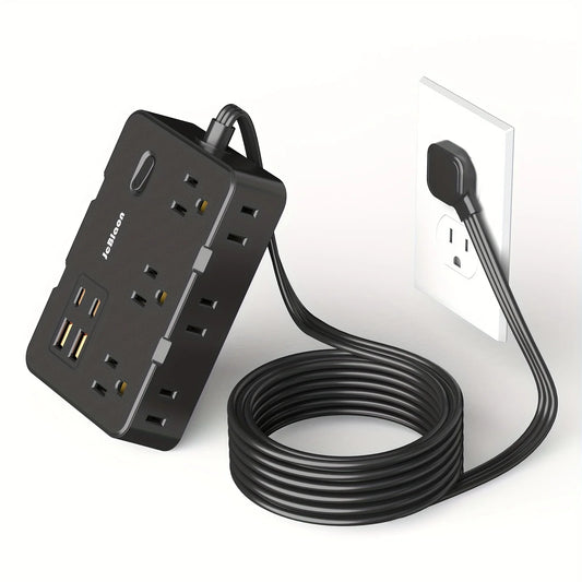 Ultra Thin Flat Plug Extension Cord with 4 USB Ports (2 USB-C), 6 Outlets – 5ft