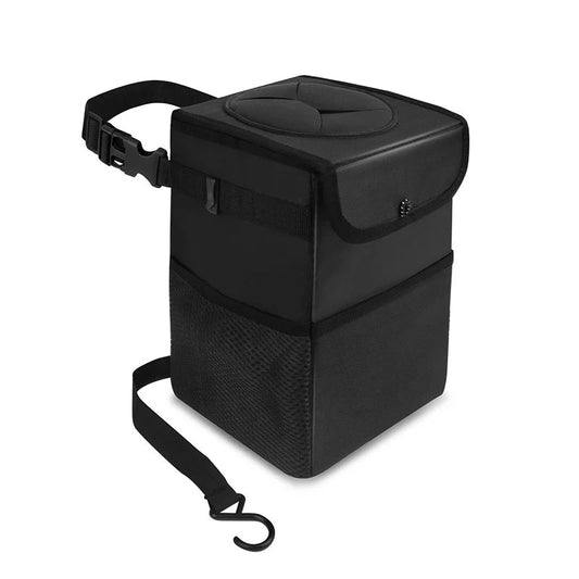 Compact Desk Trash Bin with Lid & Storage Pockets | Foldable, Odor-Sealing Waste Solution