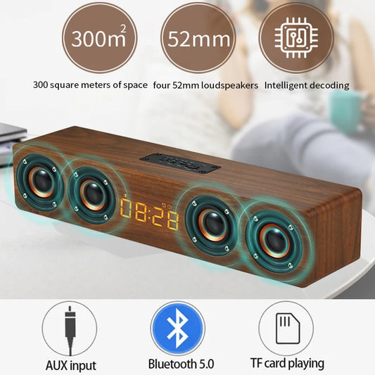 TimberTune™ Wooden Bluetooth Speaker Clock – Rechargeable with Subwoofer, Alarm, & RGB Light Options