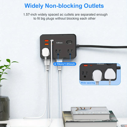 Ultra Thin Flat Plug Extension Cord with 4 USB Ports (2 USB-C), 6 Outlets – 5ft