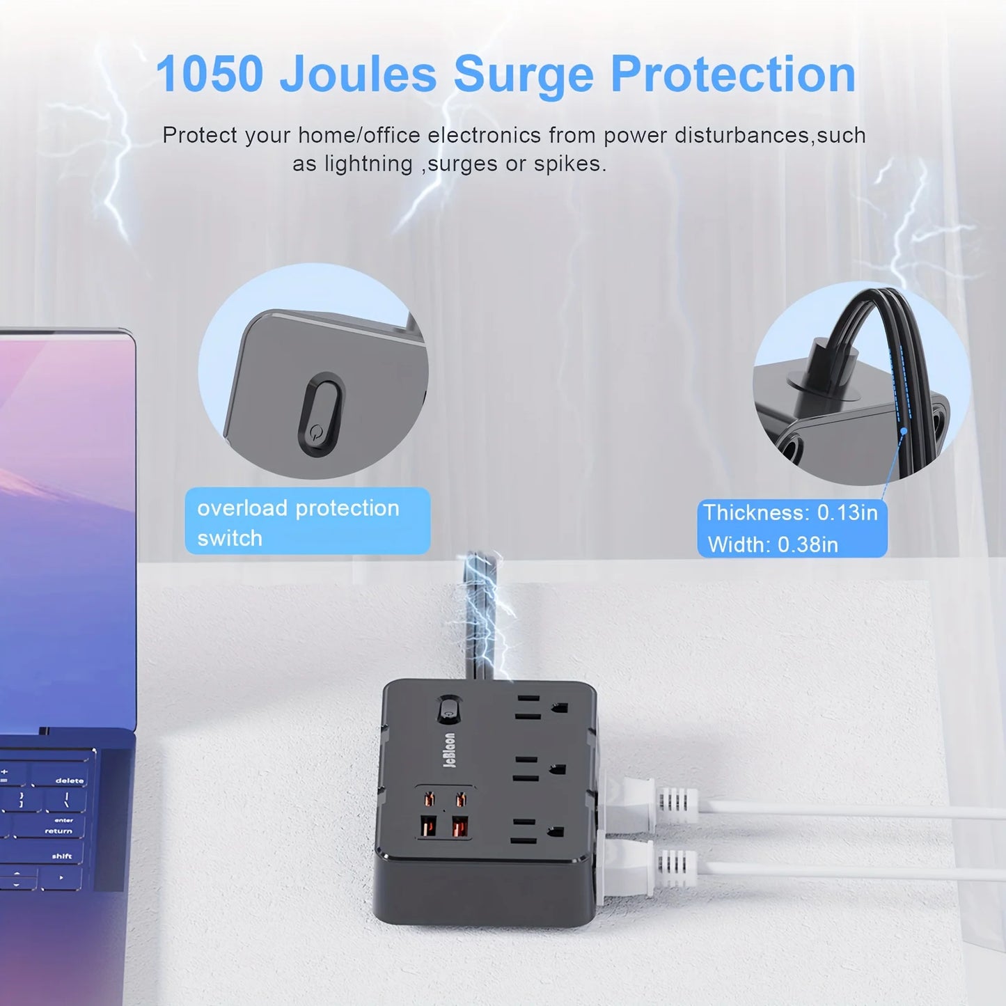 Ultra Slim Surge Protector with 6 Outlets + 4 USB Ports (2 USB-C) – 5ft Cord