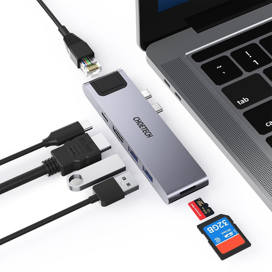 CHOETECH 7-in-2 USB-C Hub for MacBook Pro/Air – HDMI, Thunderbolt 3, Ethernet, SD Card, USB 3.0