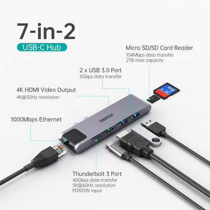 CHOETECH 7-in-2 USB-C Hub for MacBook Pro/Air – HDMI, Thunderbolt 3, Ethernet, SD Card, USB 3.0