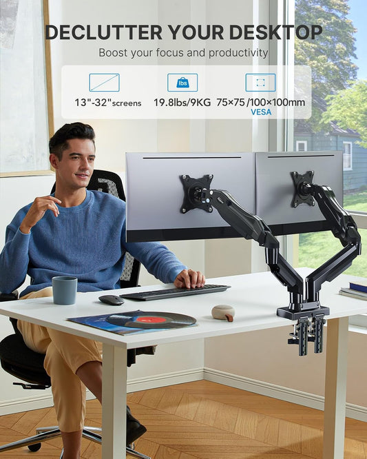 HUANUO Dual Monitor Desk Mount – Adjustable Gas Spring Arm for 13”-32” Screens