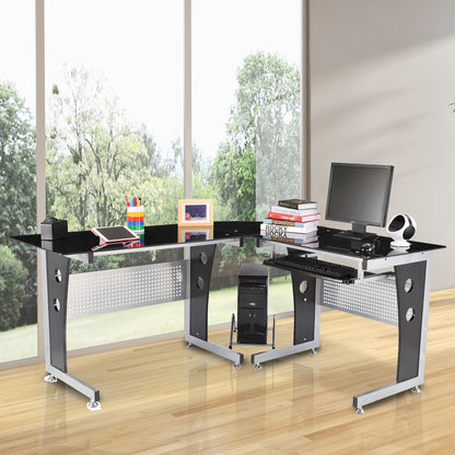 64 inch Modern Glassed-Topped L-Shaped Corner Desk with Interchangeable Sides