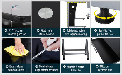 64 inch Modern Glassed-Topped L-Shaped Corner Desk with Interchangeable Sides