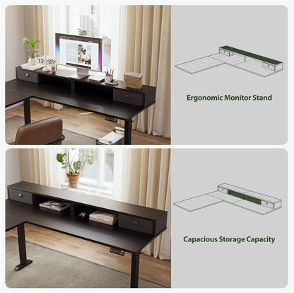 L-Shaped Electric Standing Desk | 63” Ergonomic Motorized Desk with Dual Drawers