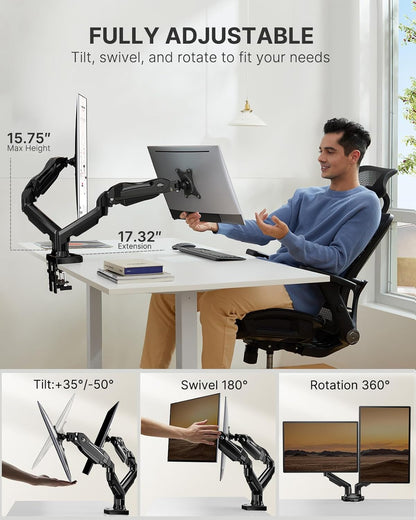 HUANUO Dual Monitor Desk Mount – Adjustable Gas Spring Arm for 13”-32” Screens