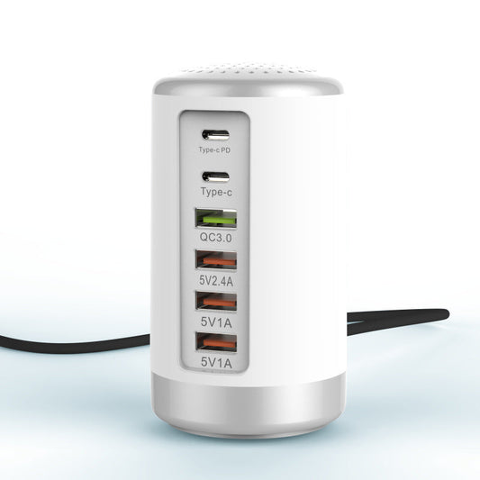 6-Port Cylindrical USB Charger – 65W Fast Charge Tower with QC3.0 & Type-C