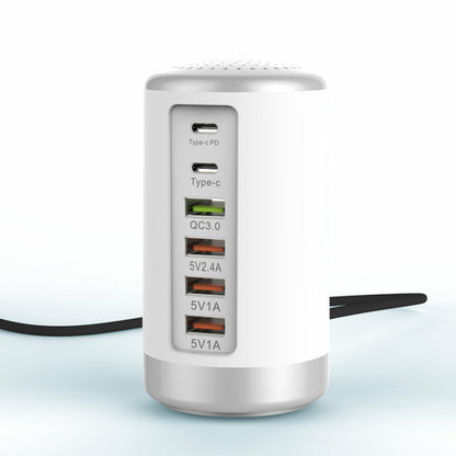 6-Port Cylindrical USB Charger – 65W Fast Charge Tower with QC3.0 & Type-C